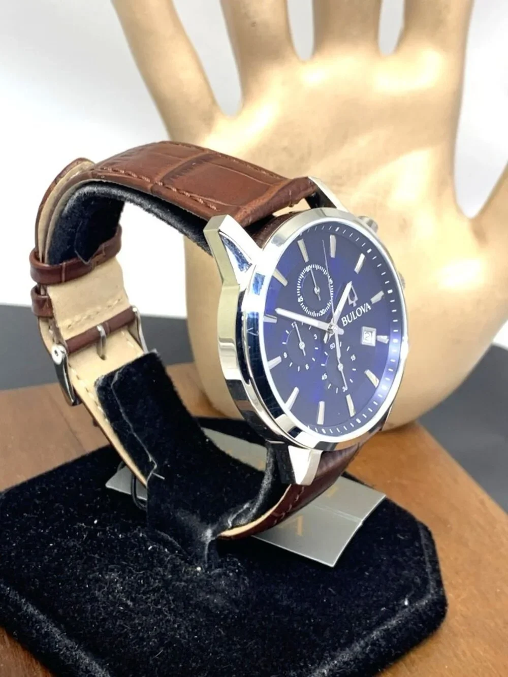 Bulova Men's Watch 96B402 Chronograph Quartz Blue Dial Brown Leather Strap 41mm